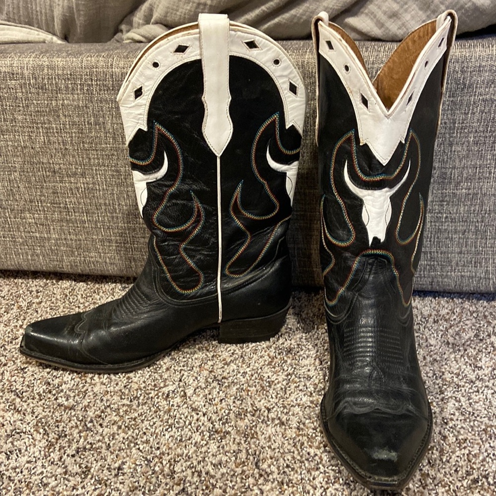 Black Leather Cowboy Boots with Colored Stitching